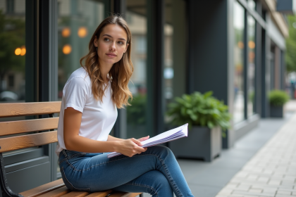 Jeune femme assise sur un banc urbain avec portfolio et regard pensif