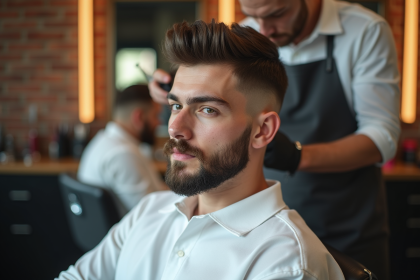 Jeune homme en polo blanc en cours de dégradé dans un salon moderne