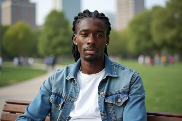 Jeune homme noir en braids collées en portrait urbain