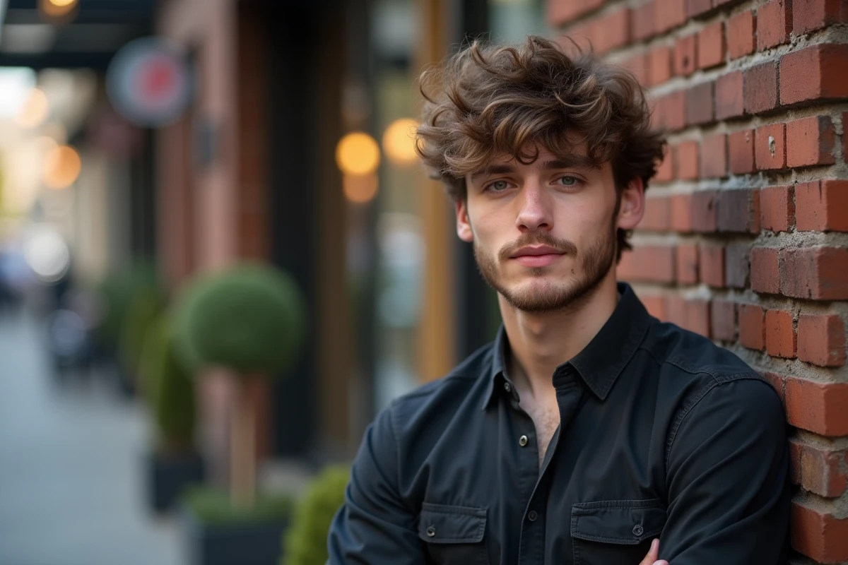 Jeune homme avec coupe dégradée devant un mur de briques