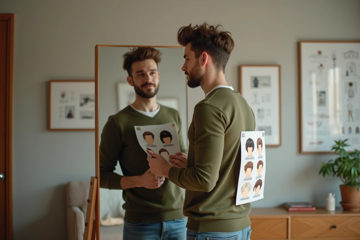 Jeune homme regardant son reflet avec un miroir et des échantillons de coiffure