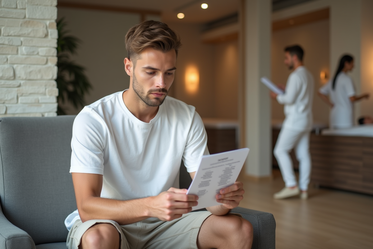 Jeune homme lisant la liste des prix dans un centre de bien-être
