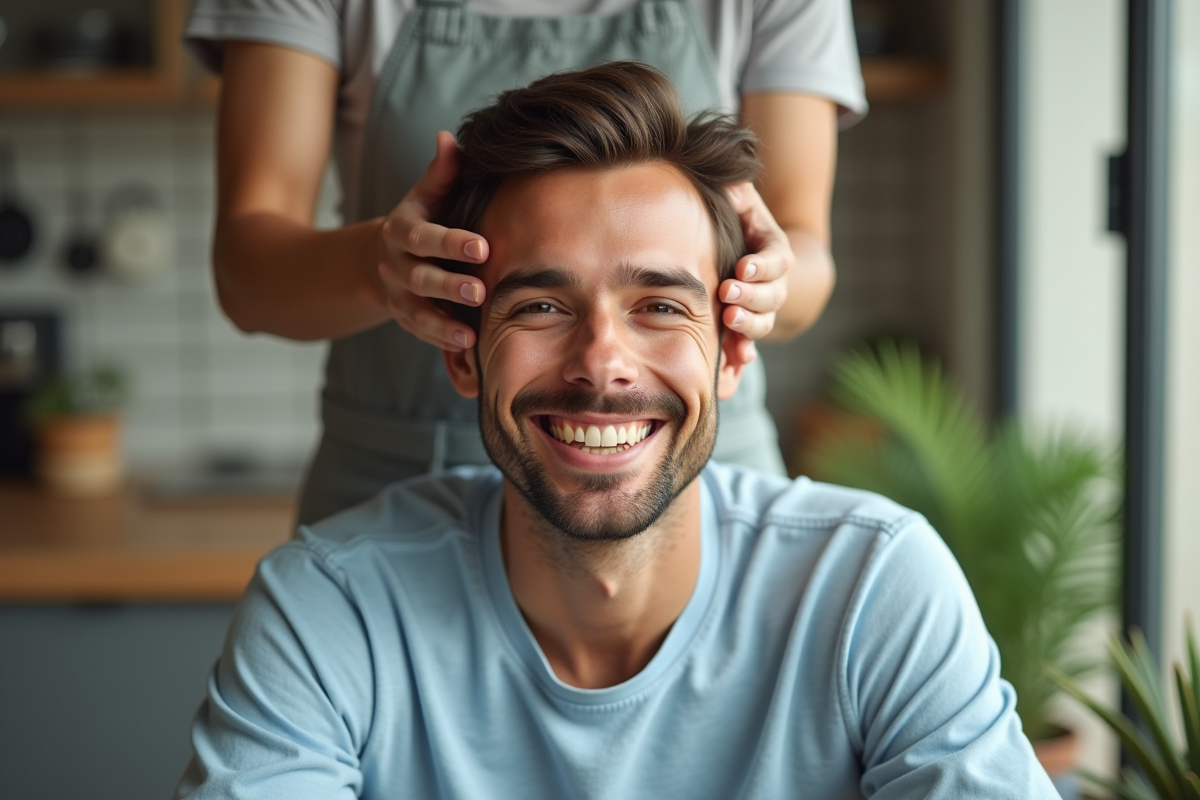 Jeune homme souriant recevant un massage du cuir chevelu à la maison