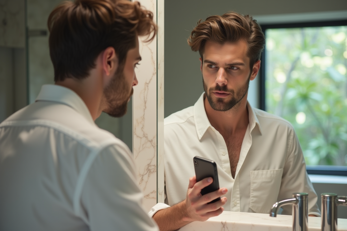 Jeune homme regardant son reflet dans le miroir