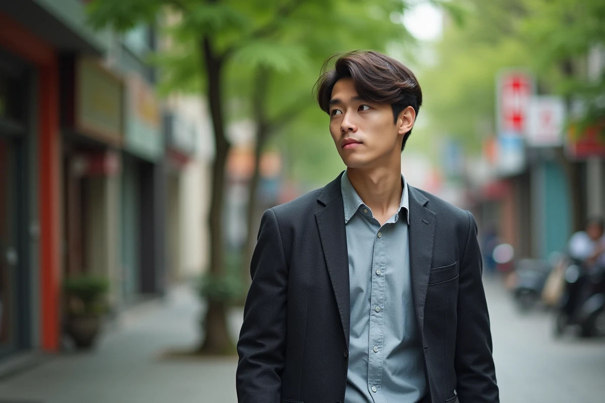 Jeune homme marchant dans une rue urbaine verdoyante