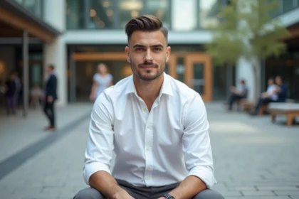Jeune homme avec coupe taper en ville en portrait