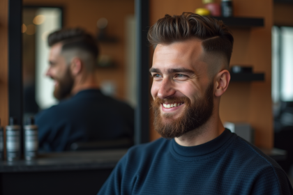 Jeune homme avec coupe taper fade dans un salon de coiffure