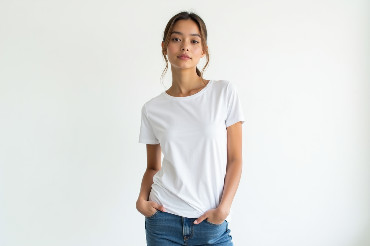 Jeune modele confiante en studio en tenue simple