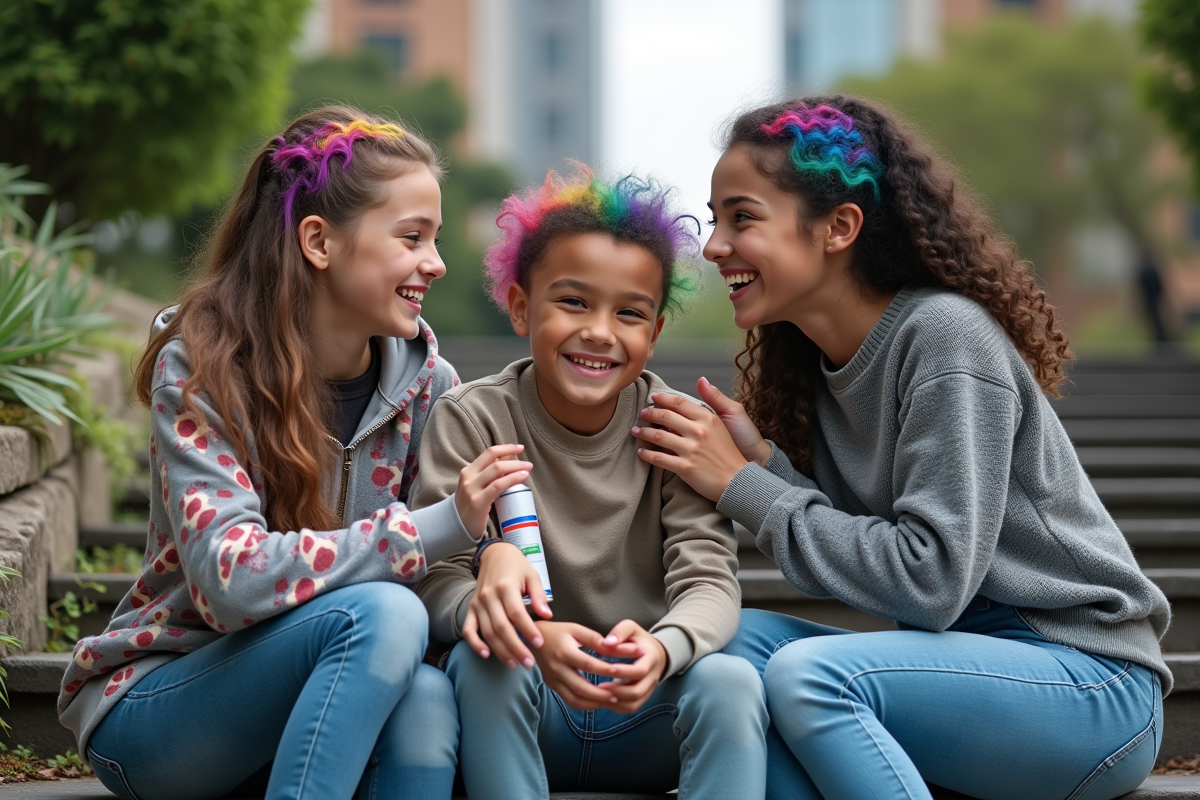 Trois adolescents aux cheveux colorés dans un parc urbain