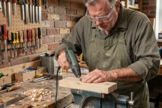 Artisan utilisant une lime électrique sur du bois brut dans un atelier de menuiserie