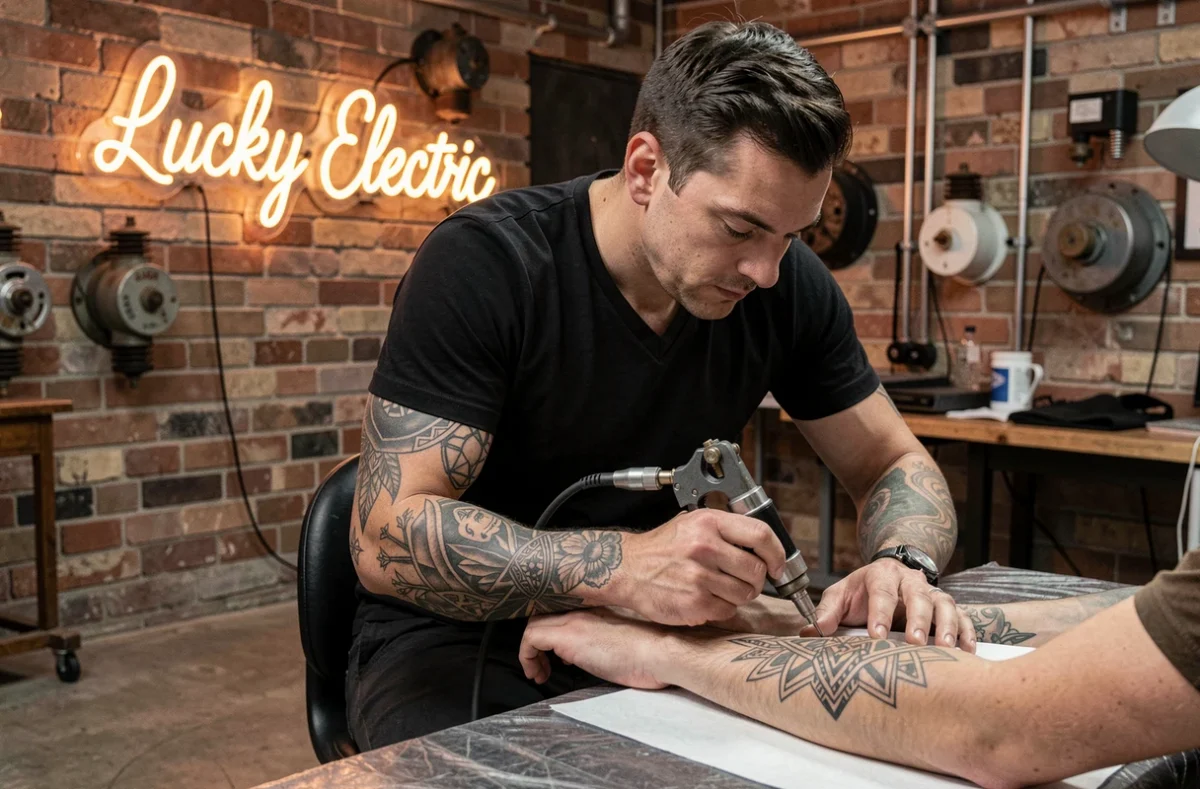 Tatoueur de Lucky Electric Tattoo à Strasbourg réalisant un tatouage géométrique précis sur l'avant-bras d'un client dans son studio au style industriel rétro