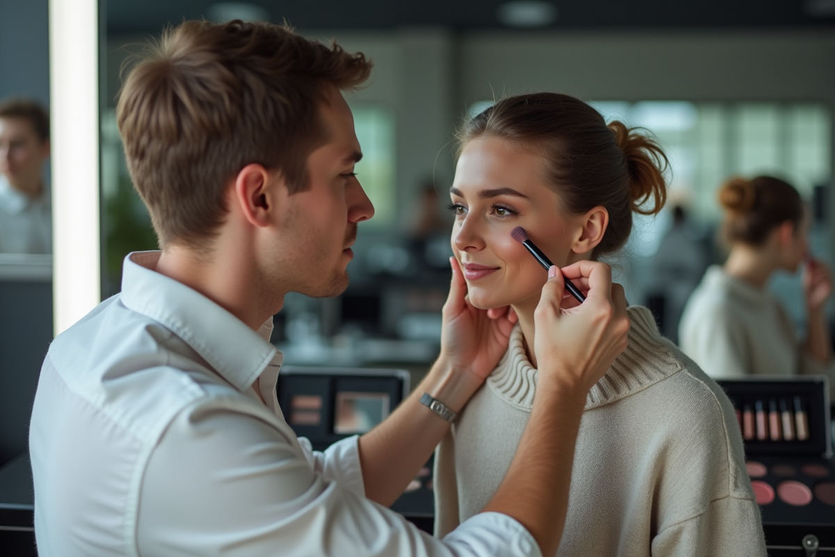Artiste maquilleur applique du blush à une femme