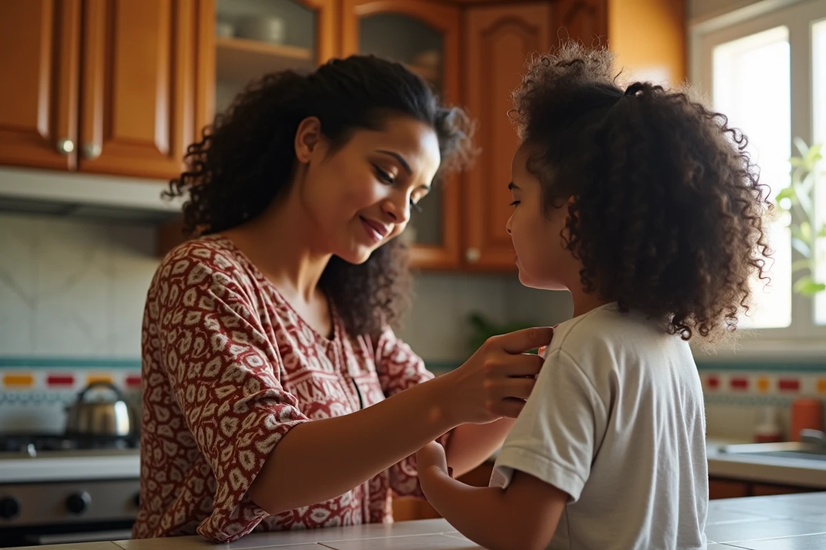 Maman et fille appliquant un kardoune dans cheveux bouclés