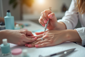 Manucure professionnelle appliquant du gel dans un salon lumineux