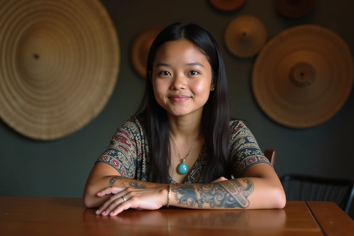 Jeune femme Maori montrant un tatouage Kirituhi dans un centre communautaire