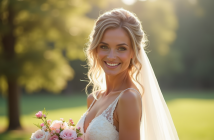 Mariée souriante aux cheveux ondulés avec fleurs naturelles