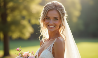 Mariée souriante aux cheveux ondulés avec fleurs naturelles