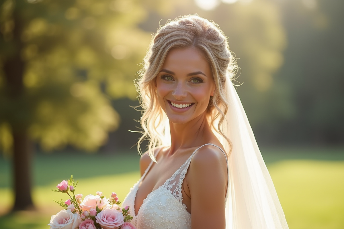 Mariée souriante aux cheveux ondulés avec fleurs naturelles