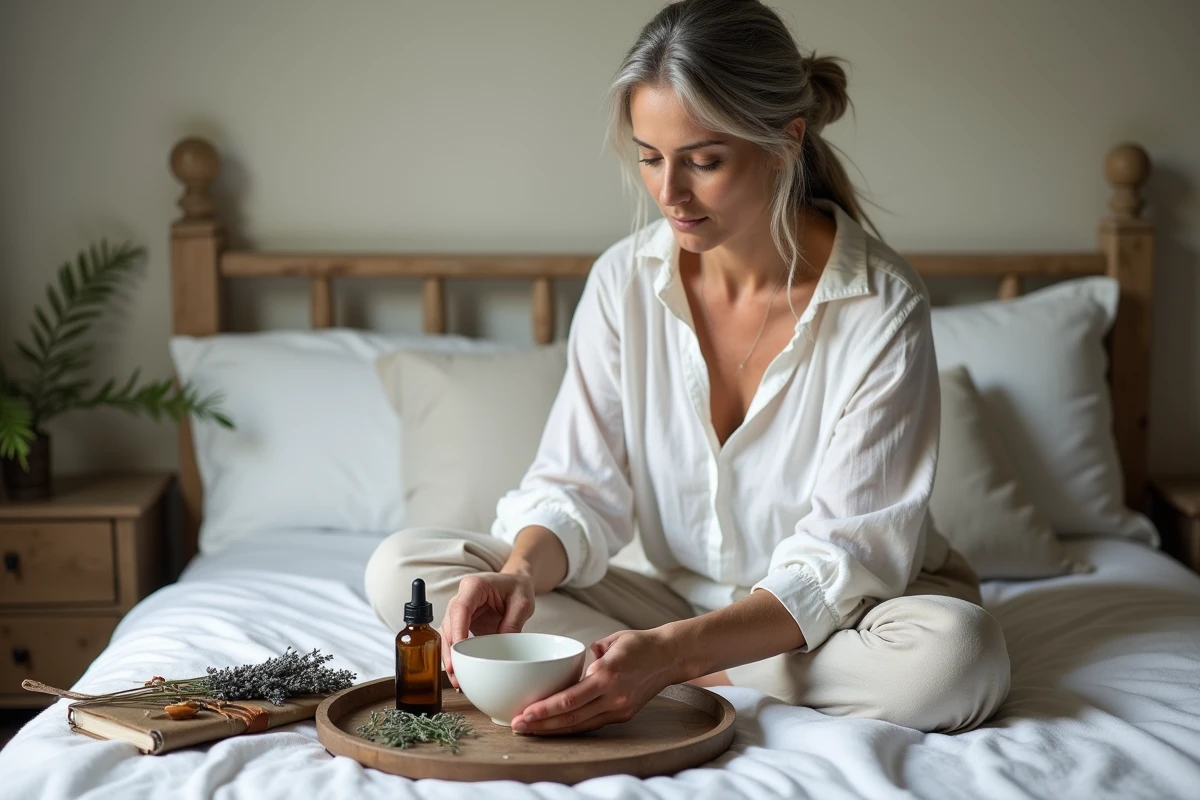 Femme aux cheveux grisonnants préparant un masque raffermissant maison avec blanc d'œuf et aloe vera dans une chambre rustique et apaisante