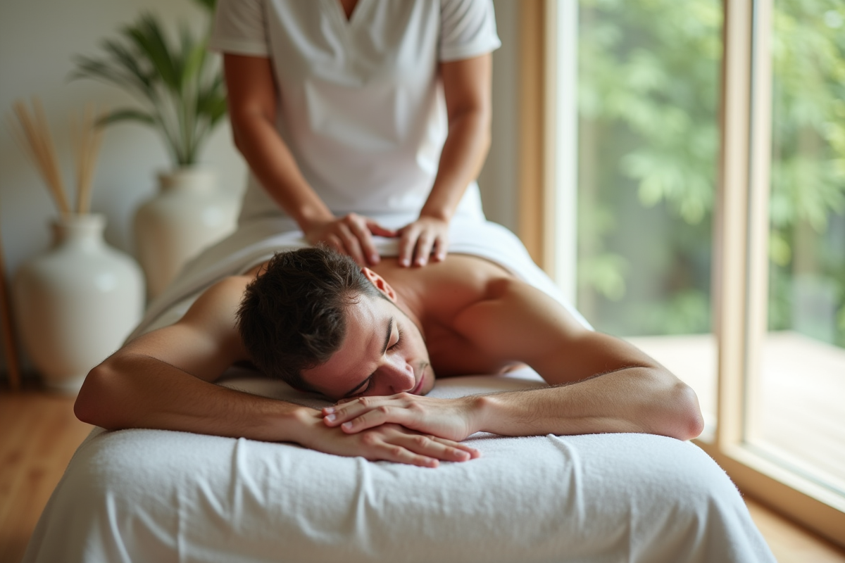 Homme recevant massage relaxant dans centre bien etre