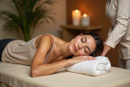 Femme détendue recevant un massage dans un spa apaisant