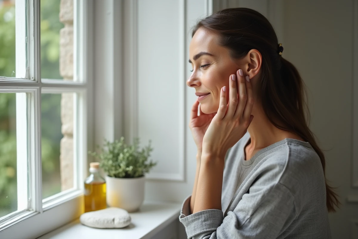 Femme de 40 ans massant son visage avec de l'huile d'olive près d'une fenêtre, routine beauté minimaliste et naturelle