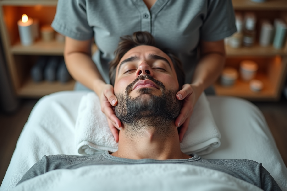 Homme recevant un massage facial dans un spa moderne