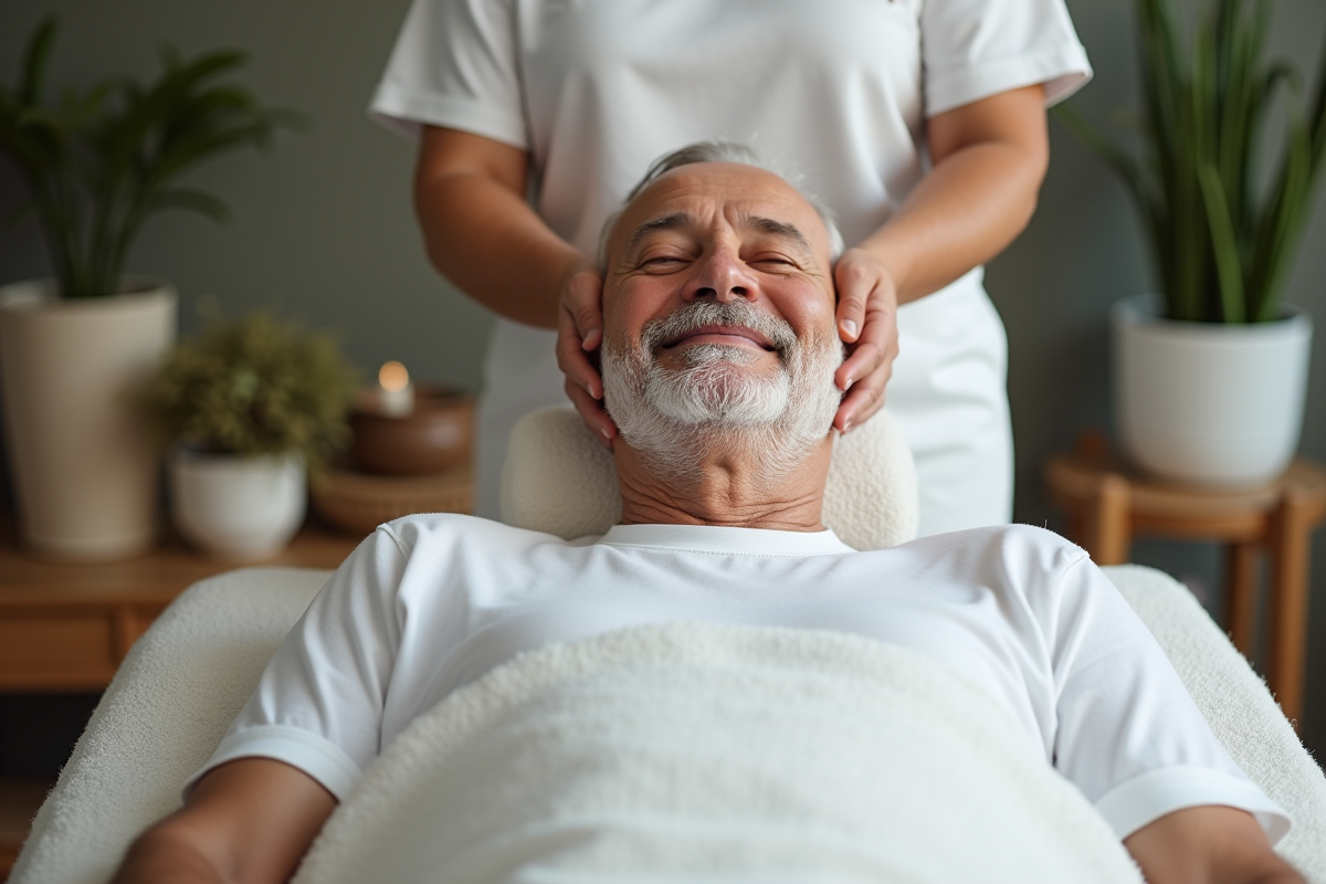 Homme recevant un massage facial dans un spa calme