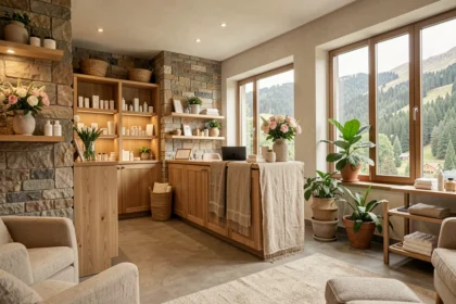 Hall d'accueil élégant d'un institut de beauté et spa en Auvergne-Rhône-Alpes avec décor naturel et produits de soin