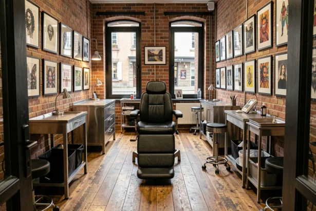 Intérieur d'un studio de tatouage professionnel dans le Grand Est, avec des murs en briques couvertes de planches flash et une chaise de tatouage en cuir noir