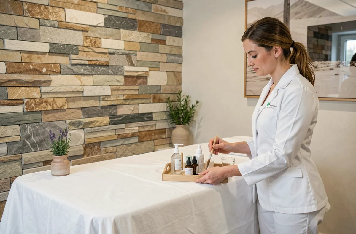 Esthéticienne préparant un soin dans la cabine épurée du Millesime Spa à Saint-Ismier