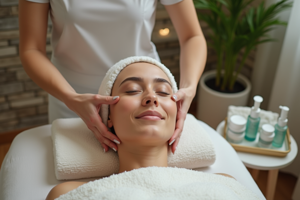 Femme recevant un massage facial dans un spa moderne