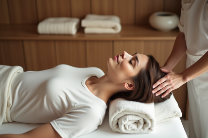 Femme détendue recevant un massage dans un spa moderne