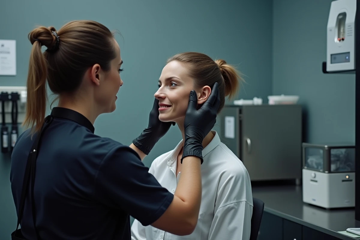 Perceur professionnel examinant l'oreille d'une cliente avant la pose d'un piercing haut de l'oreille