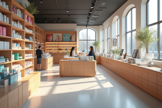 Intérieur moderne d'une pharmacie française avec rayons colorés