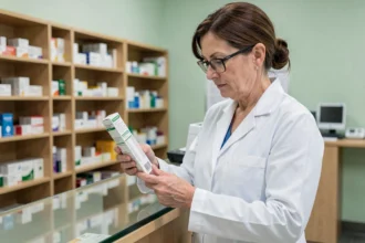 Pharmacienne lisant la notice simplifiée d'un médicament Halcare au comptoir d'une pharmacie