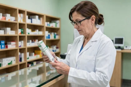 Pharmacienne lisant la notice simplifiée d'un médicament Halcare au comptoir d'une pharmacie