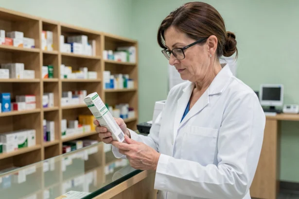Pharmacienne lisant la notice simplifiée d'un médicament Halcare au comptoir d'une pharmacie