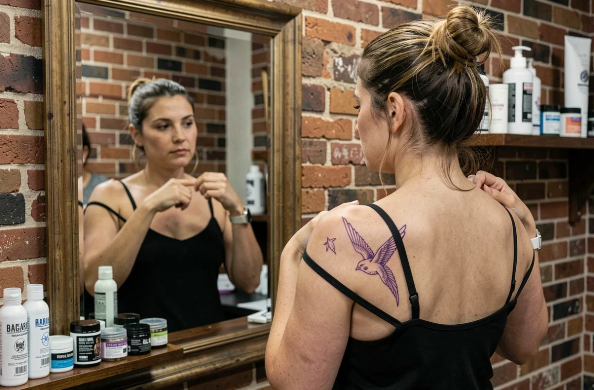 Femme évaluant le placement d'un pochoir de tatouage hirondelle sur son omoplate devant un miroir