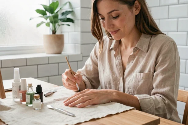 Femme appliquant une base gel sur ses ongles naturels pour une pose américaine douce sans ponceuse