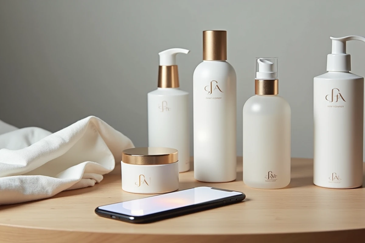 Produits cosmétiques L'Oréal disposés sur une table avec un smartphone affichant une plateforme de revente en ligne, symbolisant les risques de la revente de produits achetés en vente au personnel
