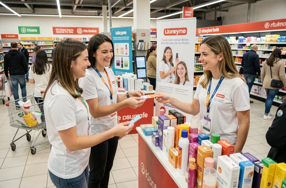 Équipe de promoteurs en animation commerciale DPH distribuant des échantillons de produits beauté en grande surface
