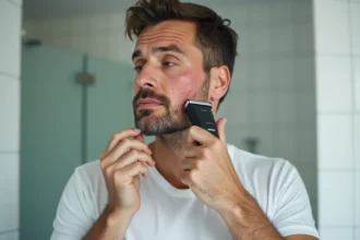 Homme utilisant un rasoir électrique Gillette sur peau sensible dans une salle de bain moderne