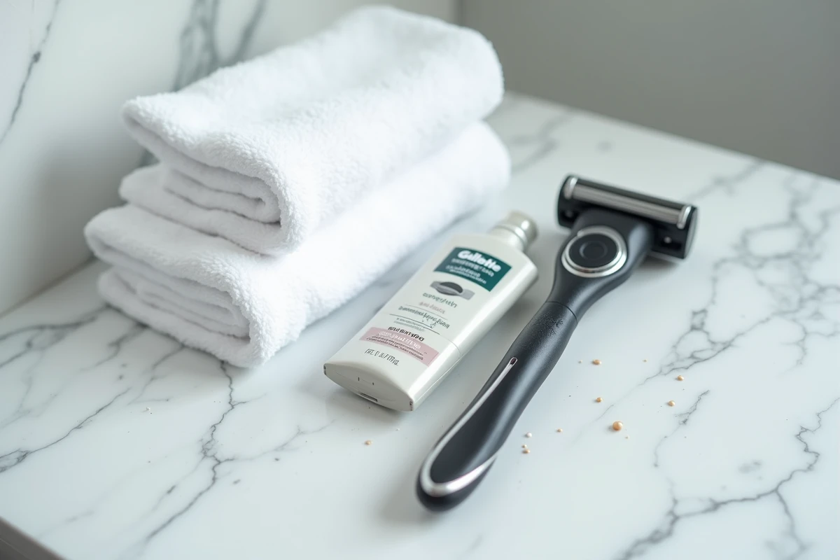Rasoir électrique Gillette et produit pour peau sensible posés sur étagère de salle de bain en marbre blanc
