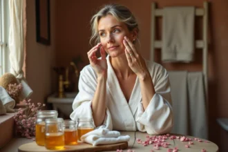 Femme d'une quarantaine d'années appliquant un remède naturel maison à base de miel sur son visage devant un miroir vintage, dans une salle de bain à l'ambiance chaleureuse