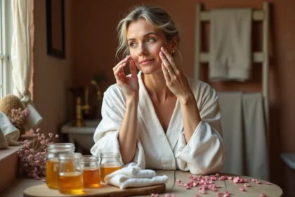 Femme d'une quarantaine d'années appliquant un remède naturel maison à base de miel sur son visage devant un miroir vintage, dans une salle de bain à l'ambiance chaleureuse