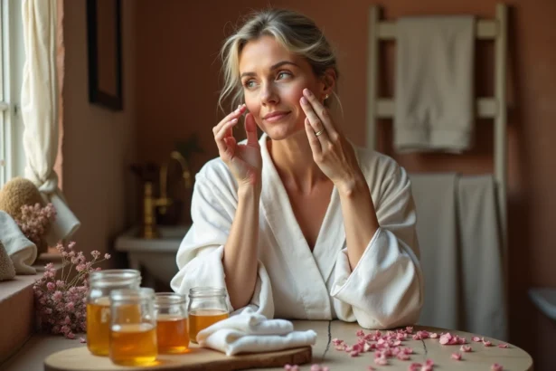 Femme d'une quarantaine d'années appliquant un remède naturel maison à base de miel sur son visage devant un miroir vintage, dans une salle de bain à l'ambiance chaleureuse
