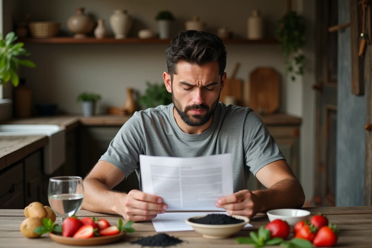 Homme assis à une table de cuisine avec des ingrédients naturels pour blanchir les dents comme le charbon actif et les fraises