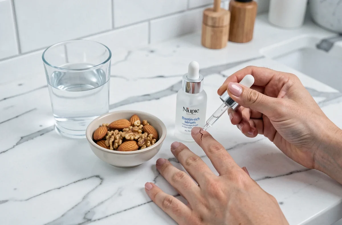 Soins naturels pour ongle fendu avec sérum fortifiant et aliments riches en biotine sur marbre blanc