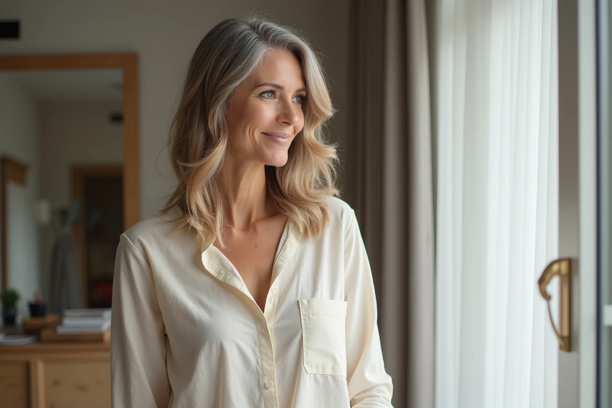 Femme de 50 ans admirant son balayage réussi pour camoufler les cheveux blancs, reflets miel et blond cendré harmonieux sur cheveux bruns